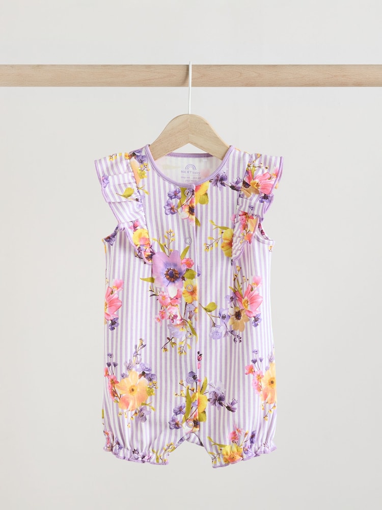 Multi Bright Floral Print Baby 100% Cotton Rompers 3 Pack - Image 3 of 11