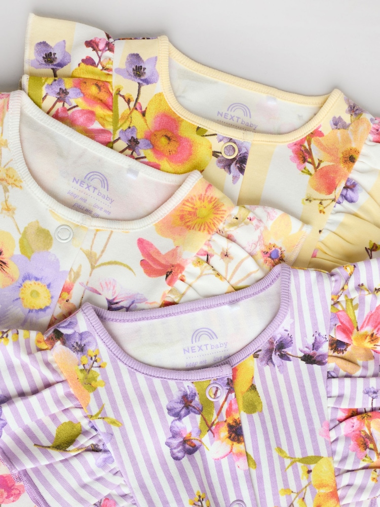 Multi Bright Floral Print Baby 100% Cotton Rompers 3 Pack - Image 8 of 11