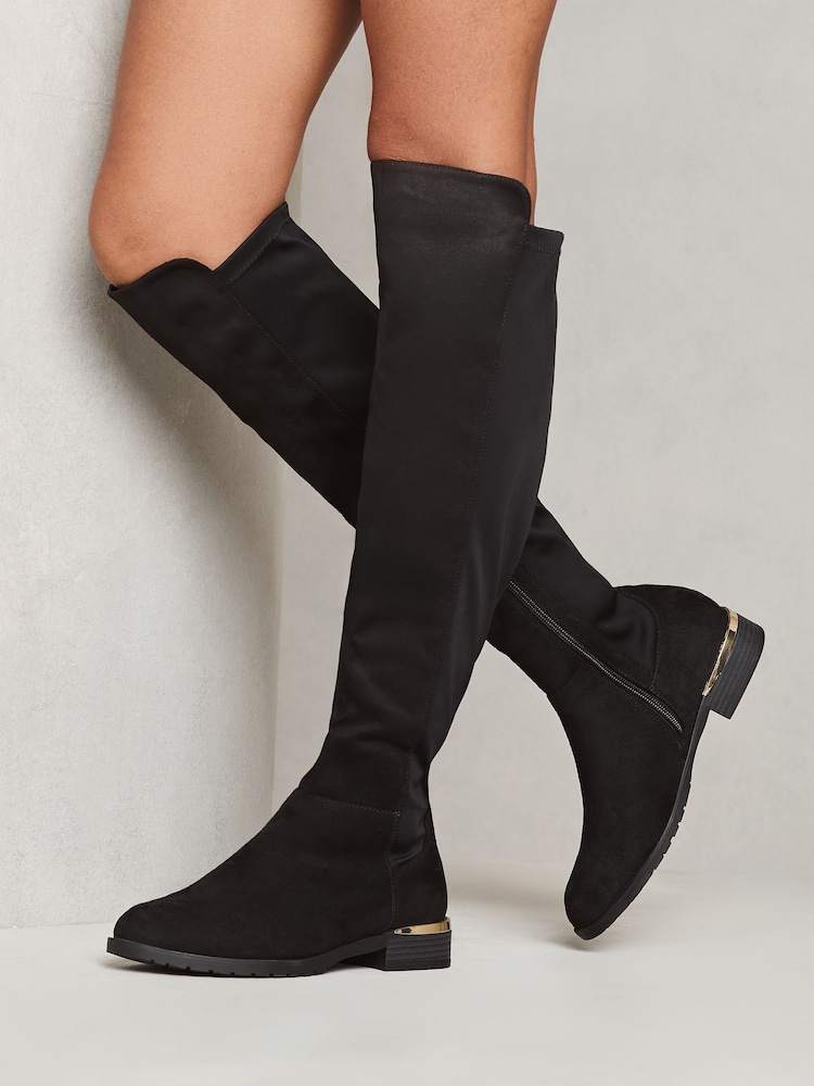 Lipsy Black Wide Fit Elastic Flat Knee High Long Faux Suede boot - Image 1 of 4