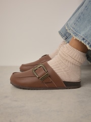Tan Brown Standard Fit Forever Comfort® Leather Buckle Foodbed Clogs - Image 1 of 8