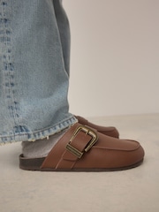 Tan Brown Standard Fit Forever Comfort® Leather Buckle Foodbed Clogs - Image 2 of 8