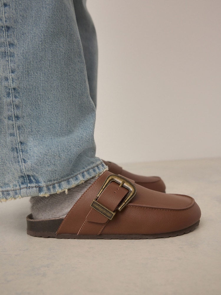 Tan Brown Standard Fit Forever Comfort® Leather Buckle Foodbed Clogs - Image 2 of 8
