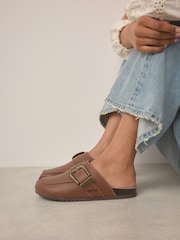Tan Brown Standard Fit Forever Comfort® Leather Buckle Foodbed Clogs - Image 3 of 8