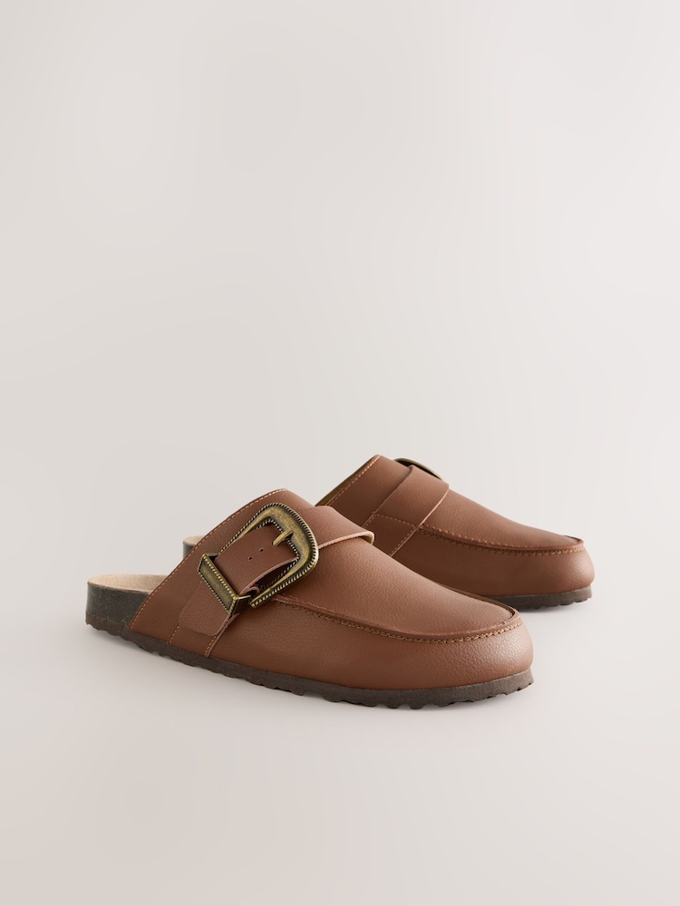 Tan Brown Standard Fit Forever Comfort® Leather Buckle Footbed Clogs - Image 5 of 8
