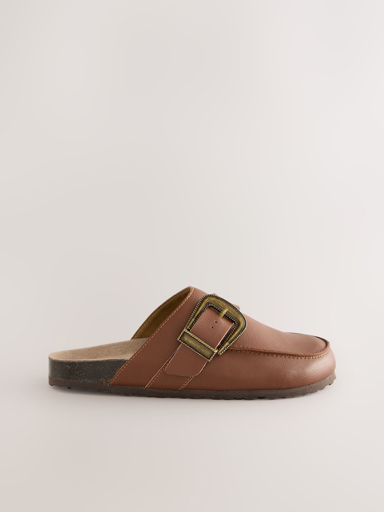 Tan Brown Standard Fit Forever Comfort® Leather Buckle Footbed Clogs - Image 6 of 8