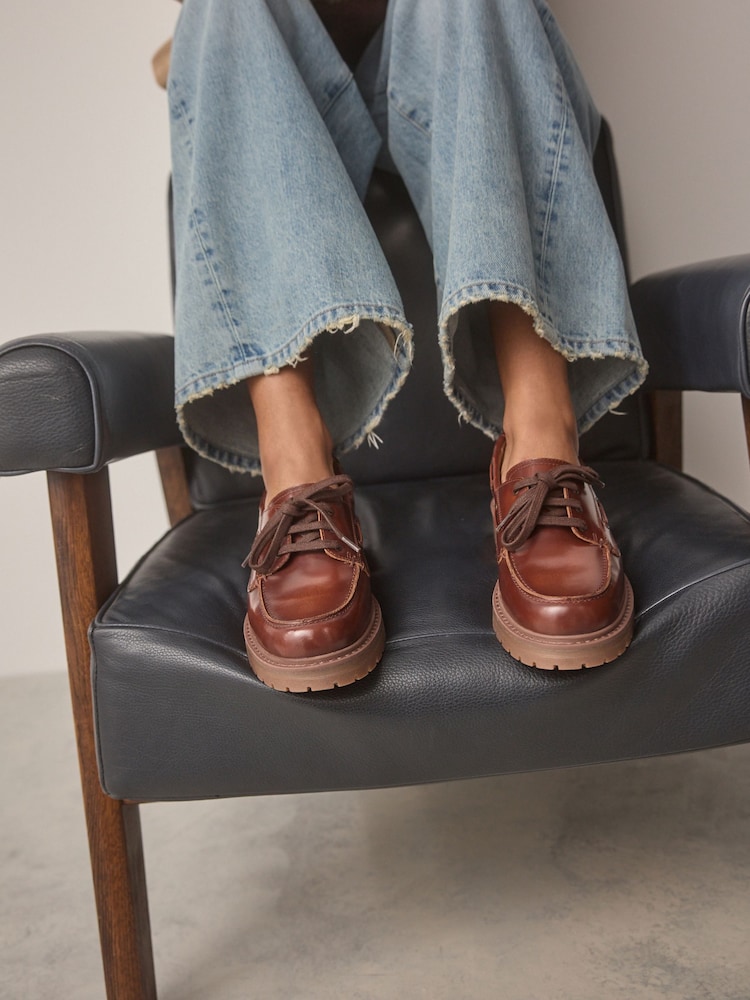 Tan Brown Standard Fit Forever Comfort® Leather Chunky Lace-Up Boat Shoes - Image 1 of 11