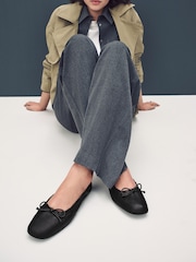 Black Standard Fit Forever Comfort® Premium Leather With Motionflex Ruched Bow Ballerinas - Image 1 of 9