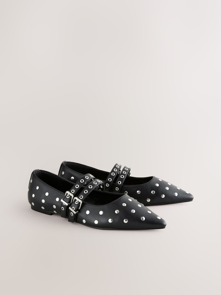 Black Standard Fit Forever Comfort® Point Toe Stud Mary Jane Shoes - Image 2 of 6