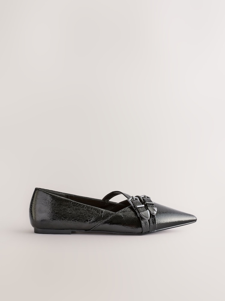 Noir - Forever Comfort® Point Toe Western Double Buckle Ballet Chaussures - Image 3 of 6