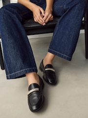 Black Standard Fit Forever Comfort® Leather Chain Detail Slim Loafers - Image 1 of 8