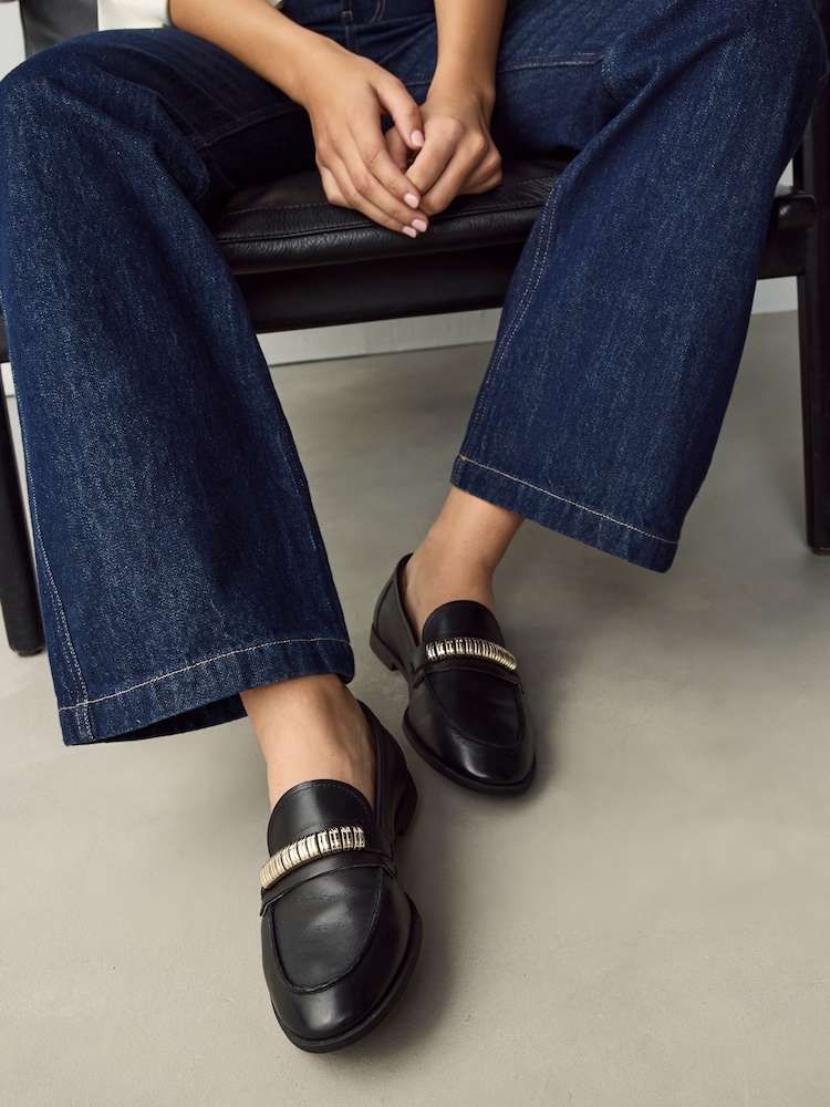 Black Standard Fit Forever Comfort® Leather Chain Detail Slim Loafers - Image 1 of 8