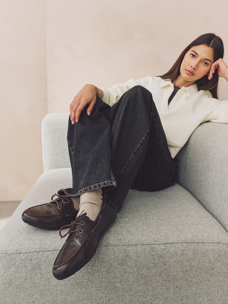 Brown Standard Fit Forever Comfort® Leather Round Toe Slim Boat Shoes - Image 3 of 9