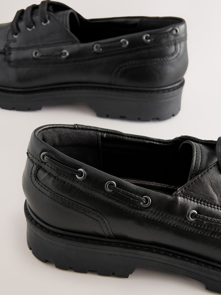Black Standard Fit Forever Comfort® Leather Chunky Lace-Up Boat Shoes - Image 5 of 6