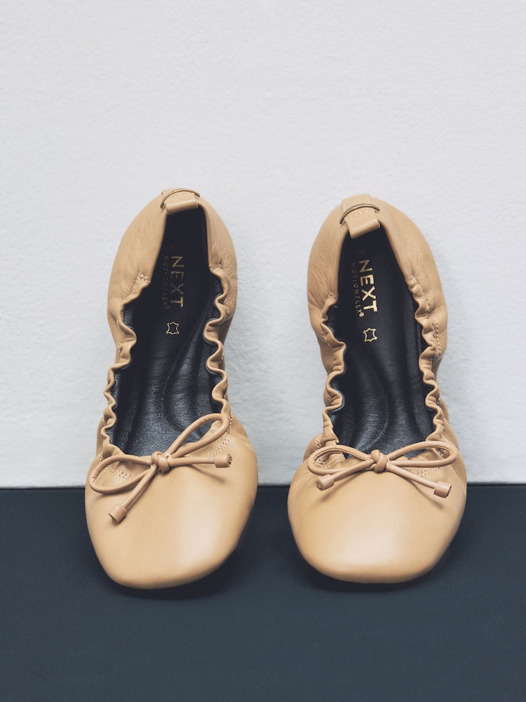 Camel Standard Fit Forever Comfort® Premium Leather With Motionflex Ruched Bow Ballerinas - Image 12 of 13