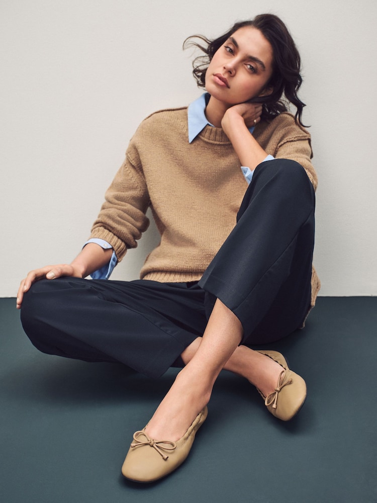 Camel Standard Fit Forever Comfort® Premium Leather With Motionflex Ruched Bow Ballerinas - Image 2 of 13