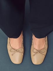 Camel Standard Fit Forever Comfort® Premium Leather With Motionflex Ruched Bow Ballerinas - Image 3 of 13
