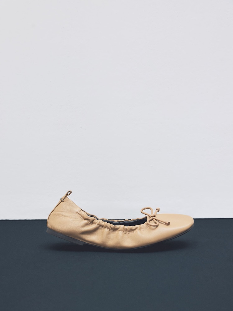 Camel Standard Fit Forever Comfort® Premium Leather With Motionflex Ruched Bow Ballerinas - Image 8 of 13