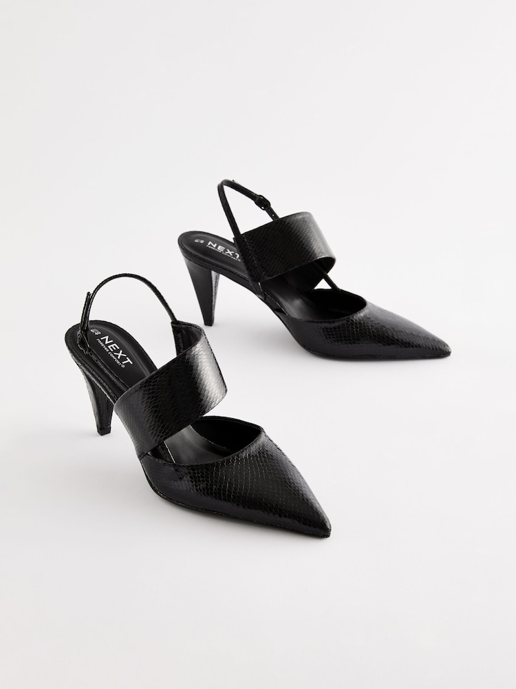 Black - Forever Comfort® Point Toe Asymmetric Strap Detail Heel Slingbacks - Image 1 of 5 Black - Forever Comfort® Point Toe Asymmetric Strap Detail Heel Slingbacks - Image 1 of 5