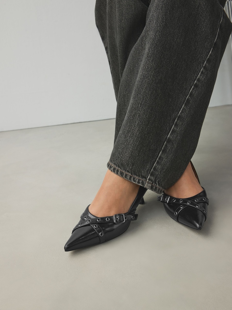Black Standard Fit Forever Comfort® Point Toe Eyelet Buckle Low Courts - Image 2 of 9