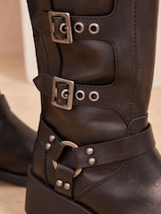Friends Like These Black Chunky Multi Buckle Knee High Faux Leather Moto Biker Boot - Image 2 of 4