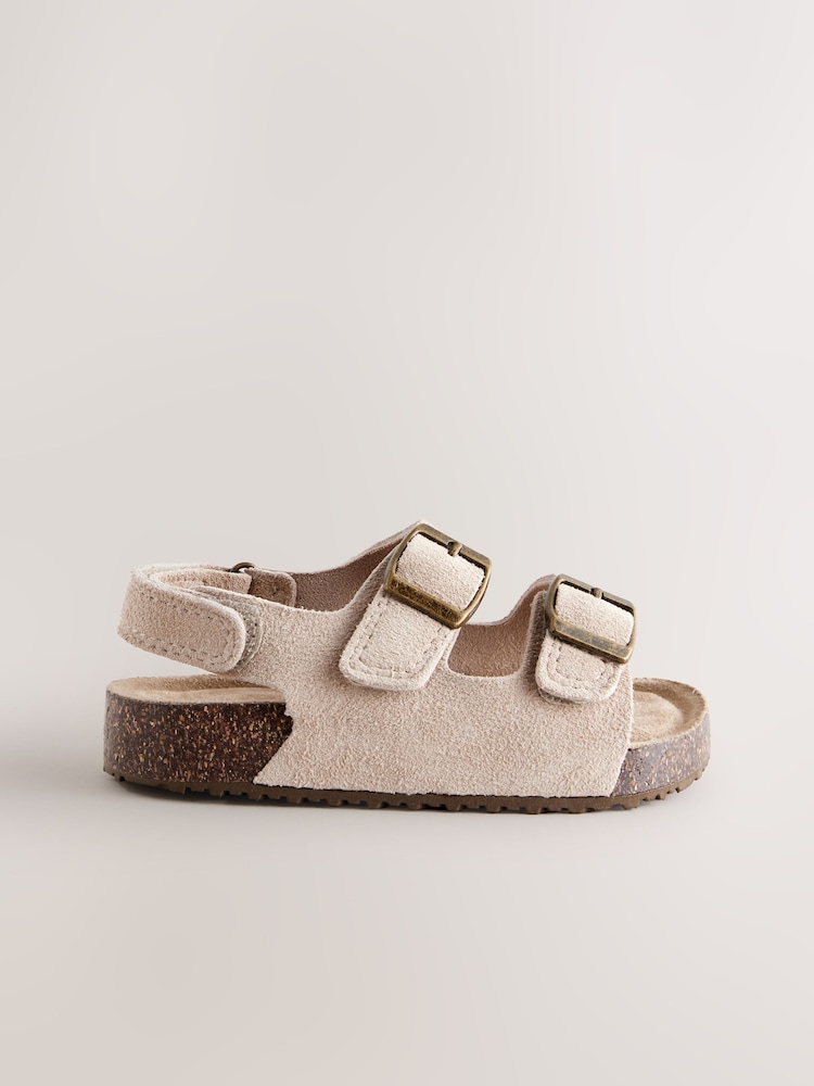 Neutral Wide Fit (G) Suede Leather Double Buckle Cushioned Footbed Sandals - Image 2 of 5