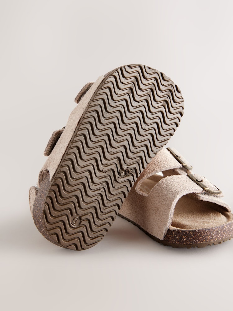 Neutral Wide Fit (G) Suede Leather Double Buckle Cushioned Footbed Sandals - Image 5 of 5