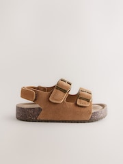 Tan Brown Wide Fit (G) Suede Leather Double Buckle Cushioned Footbed Sandals - Image 2 of 5