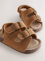 Tan Brown Wide Fit (G) Suede Leather Double Buckle Cushioned Footbed Sandals - Image 3 of 5