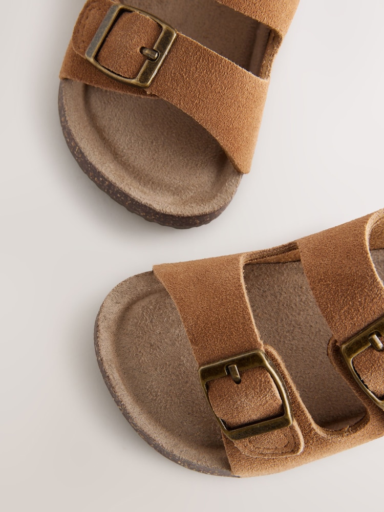 Tan Brown Wide Fit (G) Suede Leather Double Buckle Cushioned Footbed Sandals - Image 5 of 5