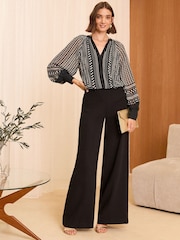 Love & Roses Black/White Polka Dot Pleated V Neck Long Sleeve Blouse - Image 3 of 4