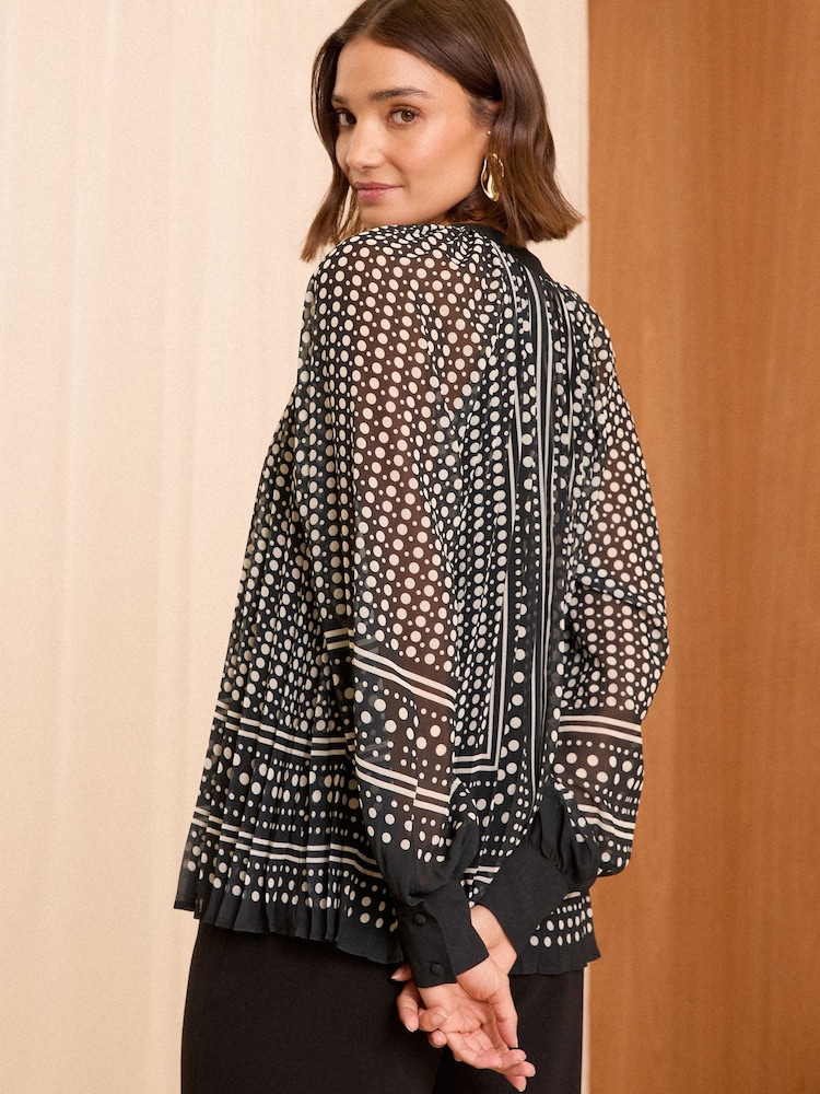 Love & Roses Black/White Polka Dot Pleated V Neck Long Sleeve Blouse - Image 4 of 4