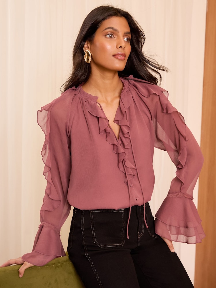 Love & Roses Pink Ruffle Detail V Neck Blouse - Image 1 of 4