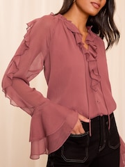Love & Roses Pink Ruffle Detail V Neck Blouse - Image 2 of 4