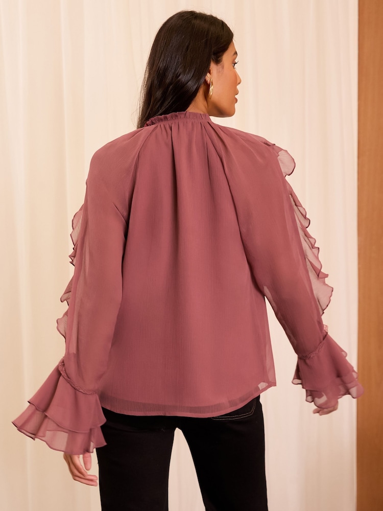 Love & Roses Pink Ruffle Detail V Neck Blouse - Image 4 of 4