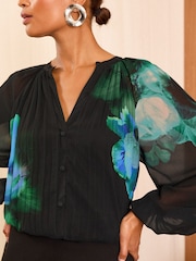 Love & Roses Black Floral Printed Pleated V Neck Blouse - Image 2 of 4