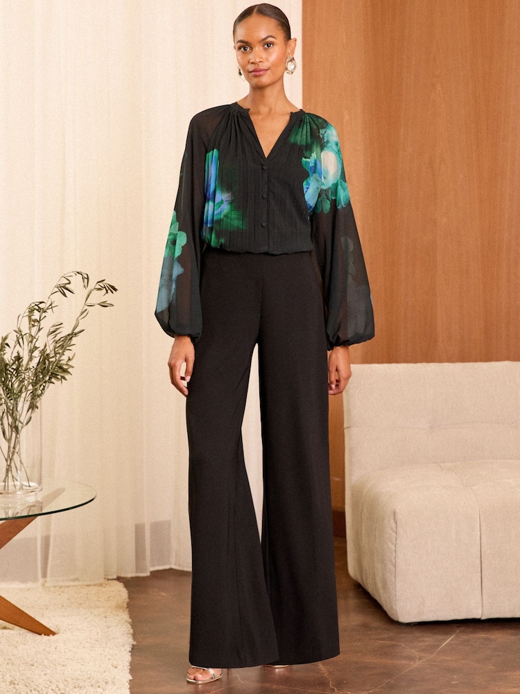 Love & Roses Black Floral Printed Pleated V Neck Blouse - Image 4 of 4