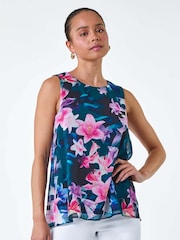 Roman Blue Sleeveless Floral Print Top - Image 1 of 5