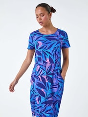 Roman Blue Abstract Leaf Pocket Stretch Dress - Image 1 of 5