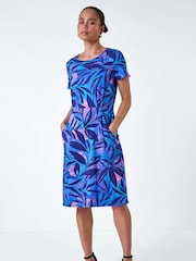 Roman Blue Abstract Leaf Pocket Stretch Dress - Image 2 of 5