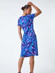 Roman Blue Abstract Leaf Pocket Stretch Dress - Image 3 of 5