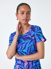 Roman Blue Abstract Leaf Pocket Stretch Dress - Image 4 of 5