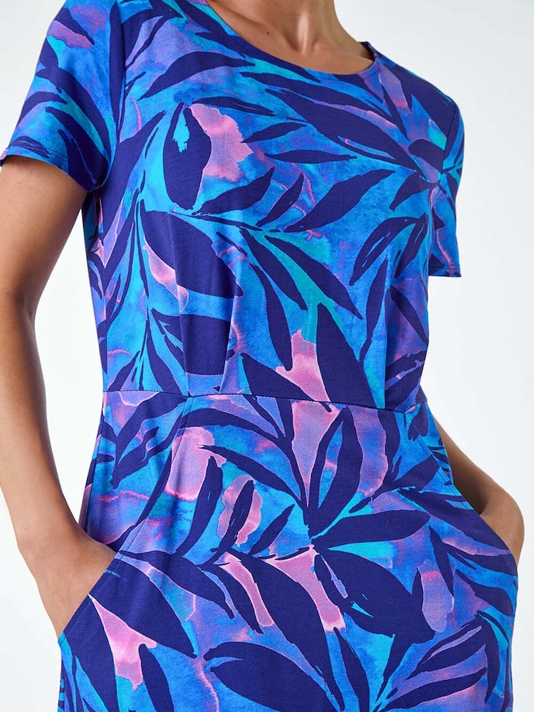 Roman Blue Abstract Leaf Pocket Stretch Dress - Image 5 of 5