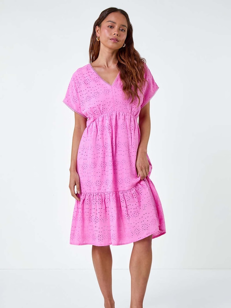 Roman Pink 100% Cotton Broderie Tiered Dress - Image 2 of 5 Roman Pink 100% Cotton Broderie Tiered Dress - Image 2 of 5