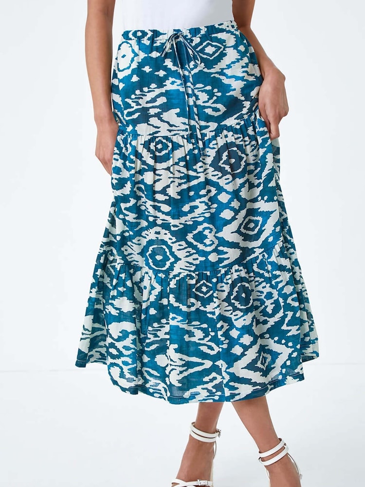 Roman Blue Aztec Style Print 100% Cotton Midi Skirt - Image 1 of 5