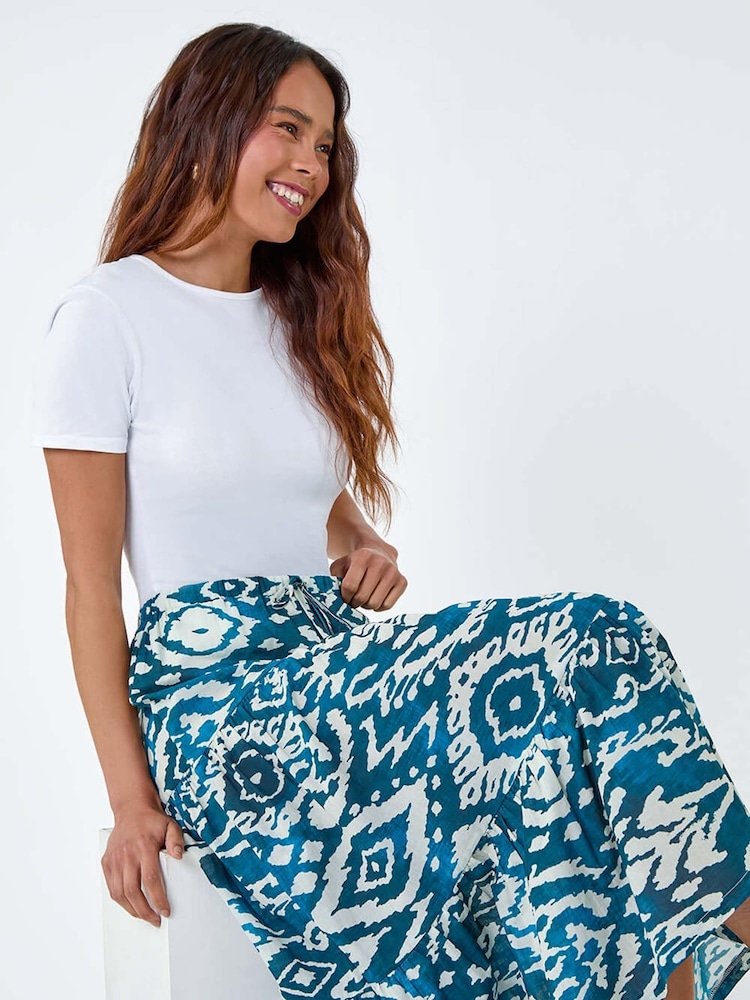 Roman Blue Aztec Style Print 100% Cotton Midi Skirt - Image 2 of 5