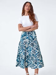 Roman Blue Aztec Style Print 100% Cotton Midi Skirt - Image 3 of 5