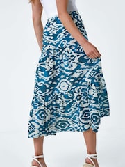 Roman Blue Aztec Style Print 100% Cotton Midi Skirt - Image 4 of 5