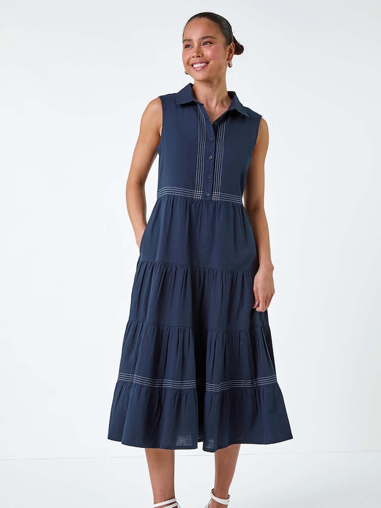 Roman Blue 100% Cotton Pocket Tiered Midi Dress - Image 1 of 5