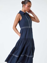 Roman Blue 100% Cotton Pocket Tiered Midi Dress - Image 2 of 5