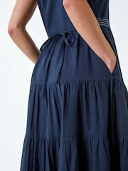 Roman Blue 100% Cotton Pocket Tiered Midi Dress - Image 3 of 5